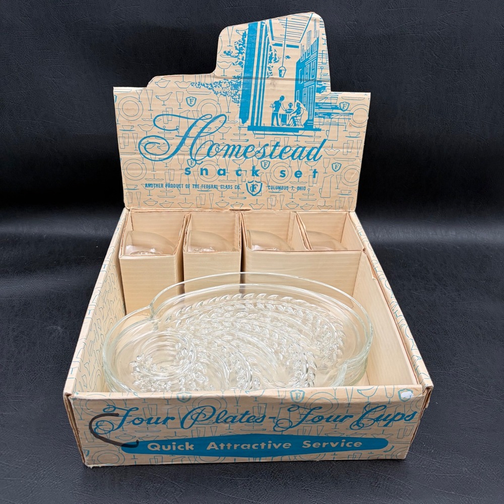 Vintage Federal Glass Homestead Snack Set 4 Plates 4 Cups Clear Wheat Pattern